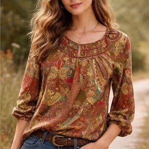 Lauren Ralph Lauren Rust Multi Paisley Peasant Blouse